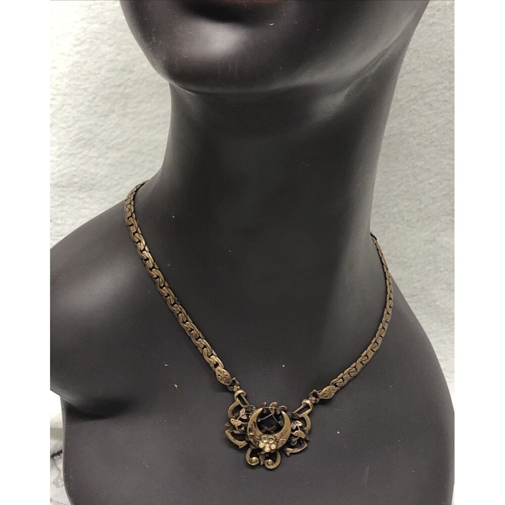 Antique Style Necklace Brass Tone Moon Flower Pendant Gothic Witchy Victorian